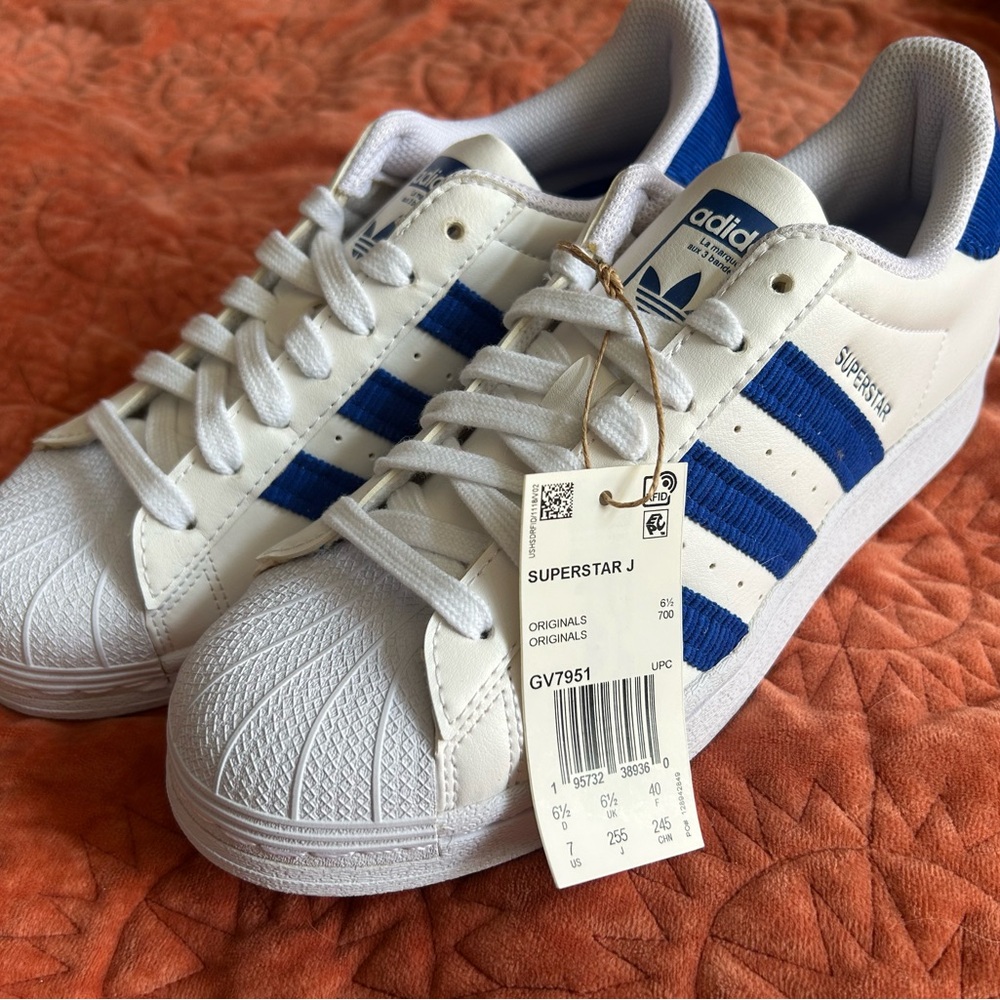 adidas White and Blue Superstar J Sneakers